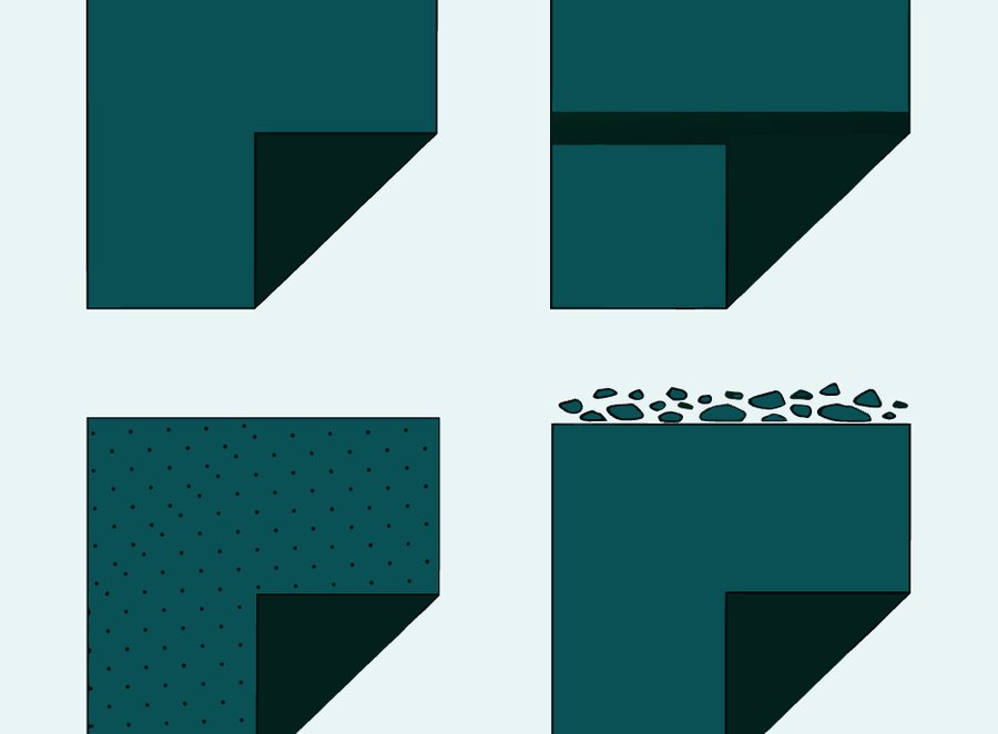 Four flat roof membrane types shown as swatches with lifted section edges.