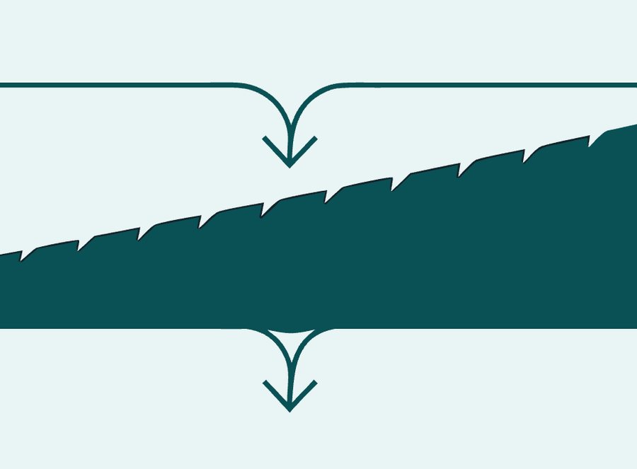 Section diagram of tapered insulation building fall toward a roof drain.